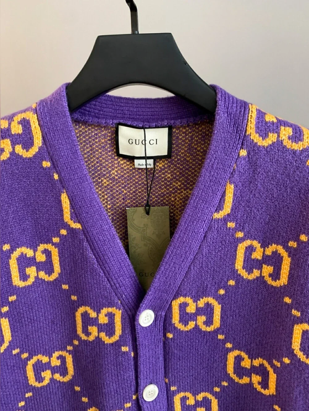 GUCCI Purple Logo Jacquard V-Neck Cardigan